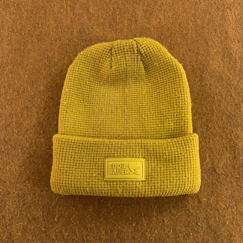 Eddie Bauer Unisex OS Yellow Cuffed Waffle Knit Logo Patch Beanie Hat New